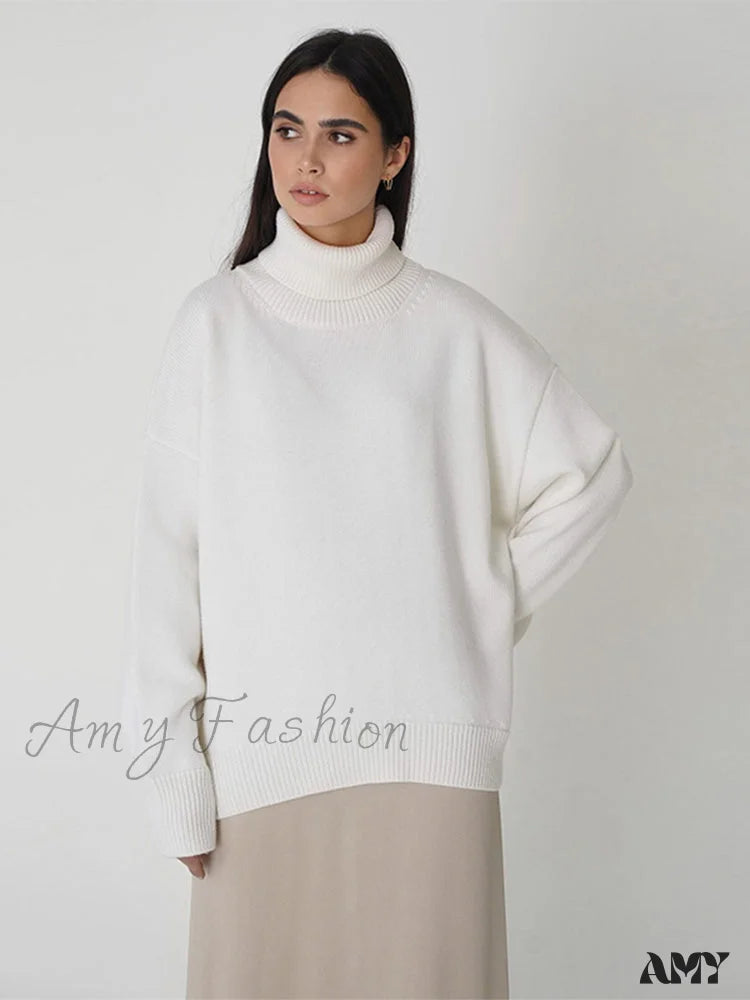 Amy Fashion - Oversized Casual Turtleneck Solid Color Pollover Sweater White / One Size