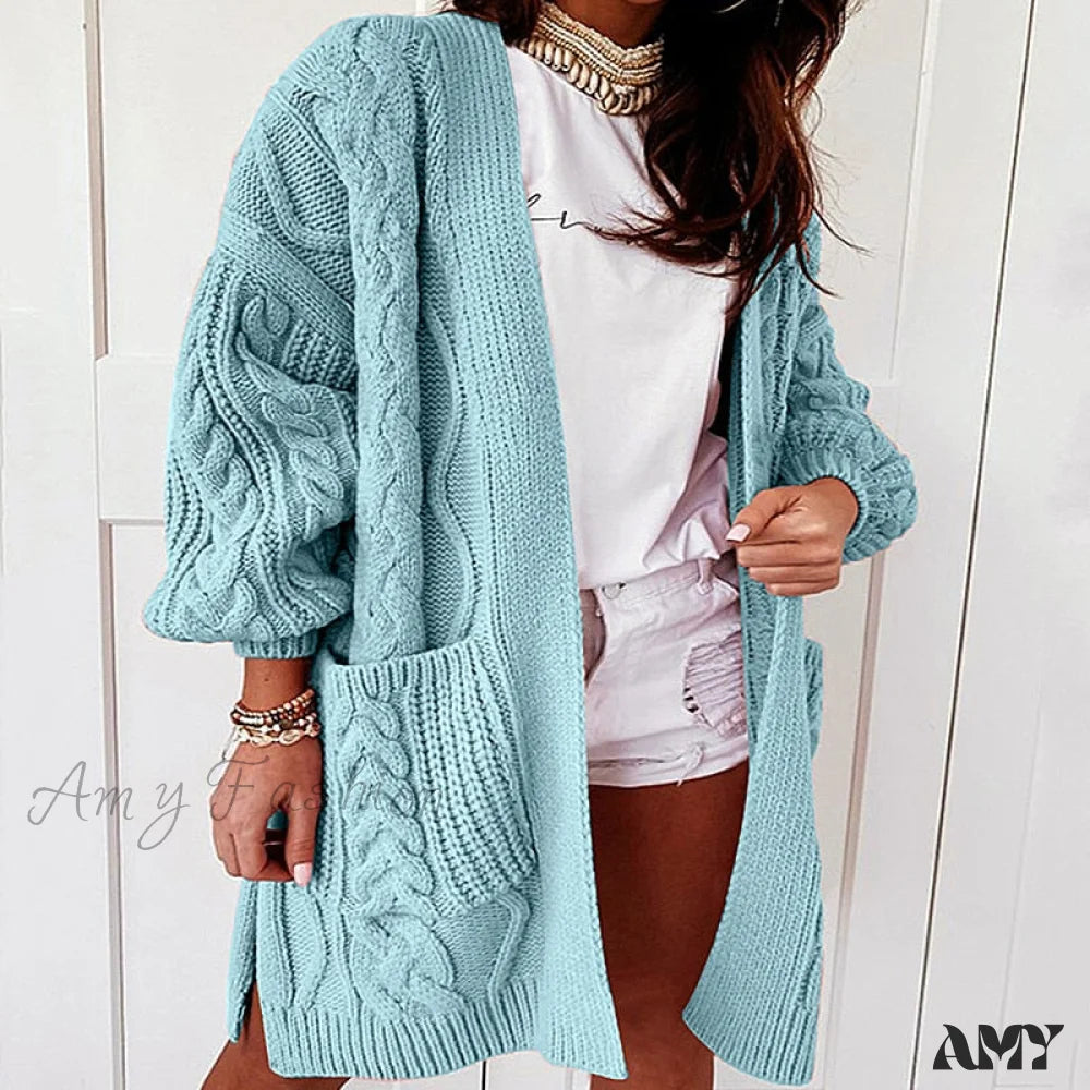 Amy Fashion - Oversized Lantern Sleeve Knitted Sweater Warm Long Cardigan Blue / S