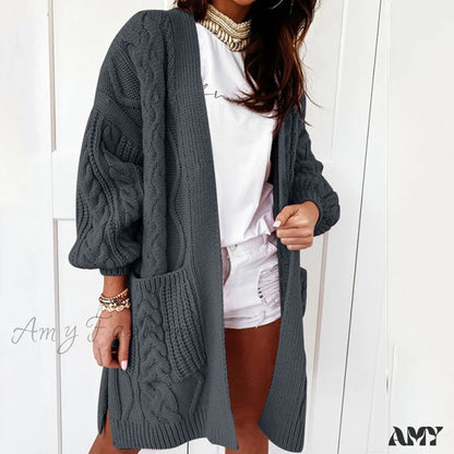 Amy Fashion - Oversized Lantern Sleeve Knitted Sweater Warm Long Cardigan Dark Gray / S