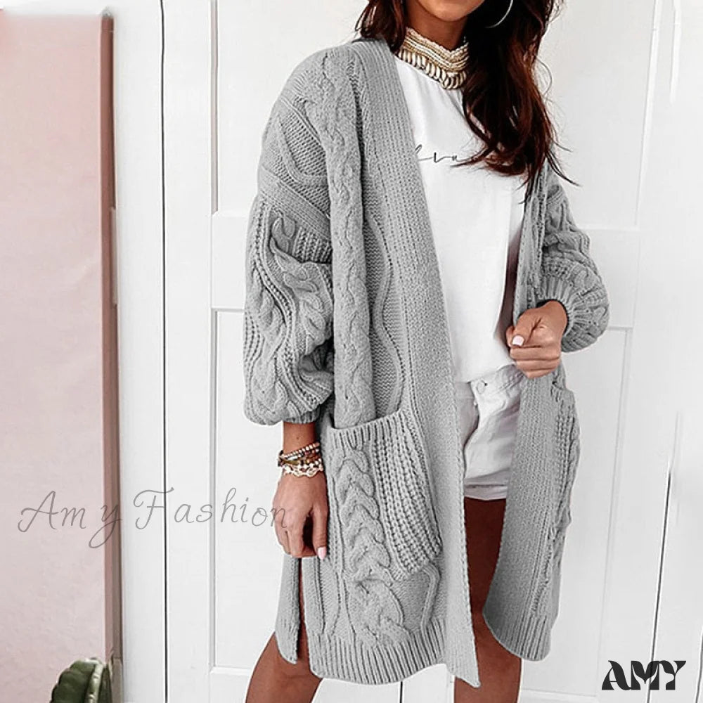 Amy Fashion - Oversized Lantern Sleeve Knitted Sweater Warm Long Cardigan Gray / S