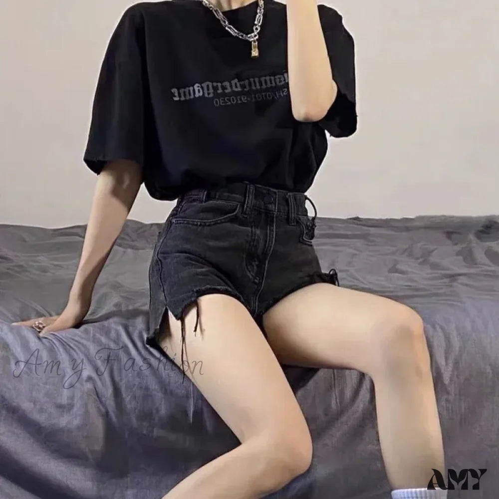 Amy Fashion - Oversized Loose And Slimming Black Summer High Waisted A-Line Hot Pants Jean