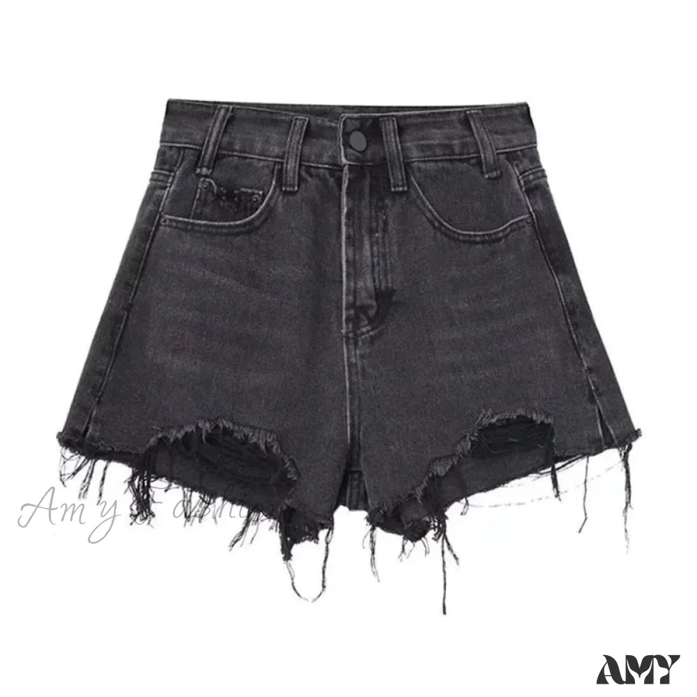 Amy Fashion - Oversized Loose And Slimming Black Summer High Waisted A-Line Hot Pants Jean