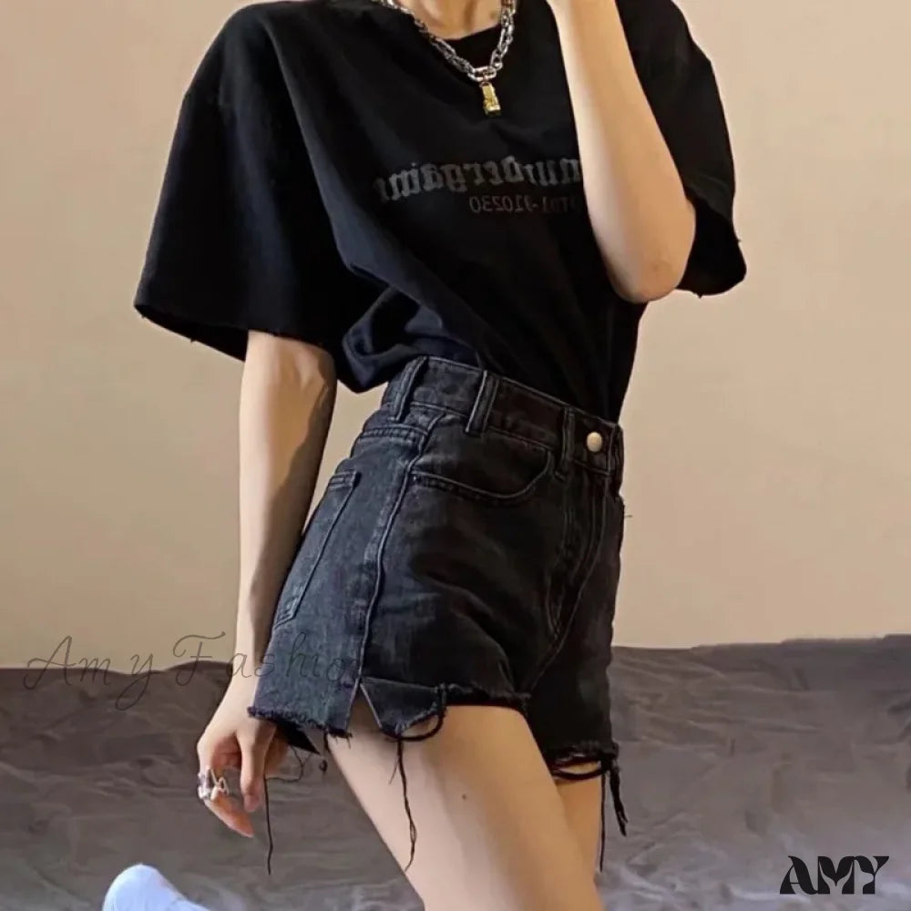 Amy Fashion - Oversized Loose And Slimming Black Summer High Waisted A-Line Hot Pants Jean