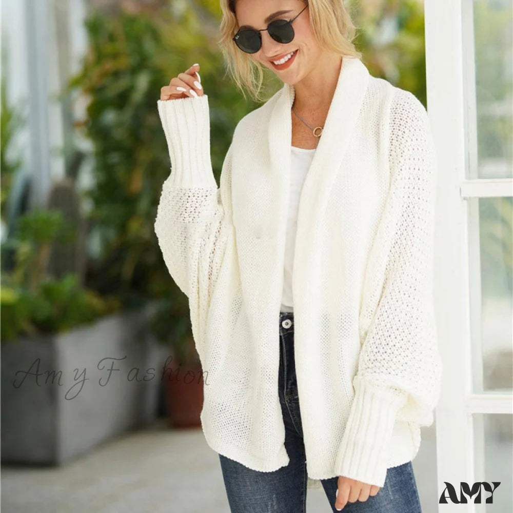 Amy Fashion - Oversized Sweater Knitted Patchwork Batwing Sleeves Cardigan Beige / One Size