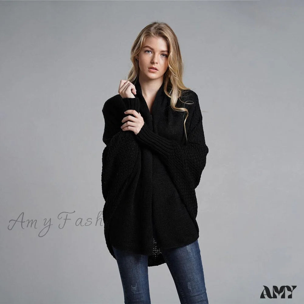 Amy Fashion - Oversized Sweater Knitted Patchwork Batwing Sleeves Cardigan Black / One Size