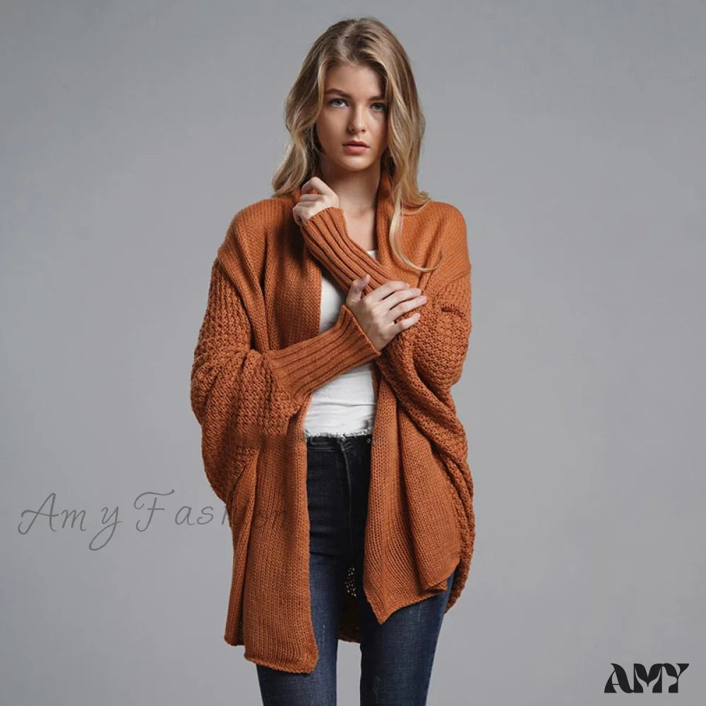 Amy Fashion - Oversized Sweater Knitted Patchwork Batwing Sleeves Cardigan Brick Red / One Size