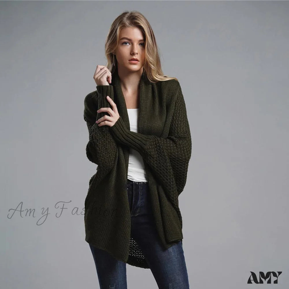 Amy Fashion - Oversized Sweater Knitted Patchwork Batwing Sleeves Cardigan Dark Green / One Size