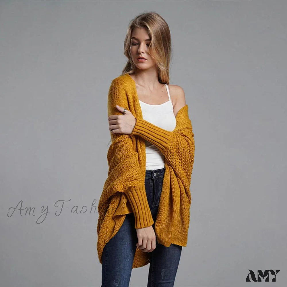 Amy Fashion - Oversized Sweater Knitted Patchwork Batwing Sleeves Cardigan Ginger Yellow / One Size