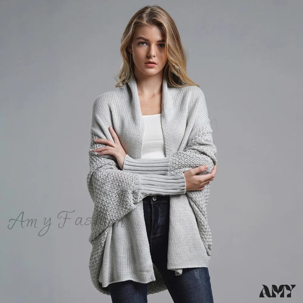 Amy Fashion - Oversized Sweater Knitted Patchwork Batwing Sleeves Cardigan Gray / One Size