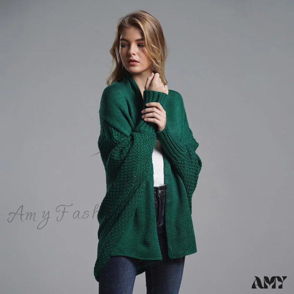 Amy Fashion - Oversized Sweater Knitted Patchwork Batwing Sleeves Cardigan Green / One Size