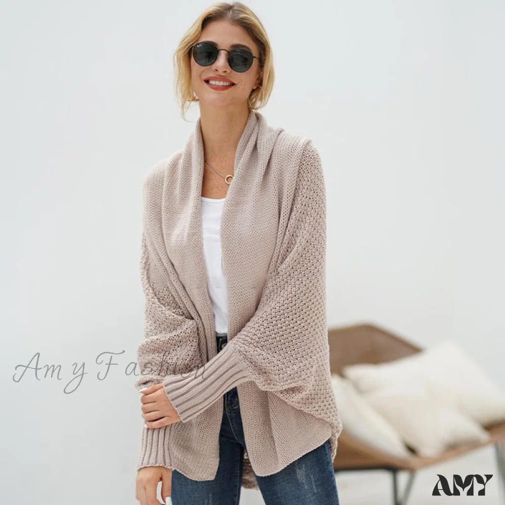 Amy Fashion - Oversized Sweater Knitted Patchwork Batwing Sleeves Cardigan Khaki / One Size