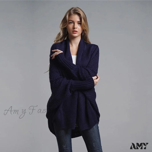 Amy Fashion - Oversized Sweater Knitted Patchwork Batwing Sleeves Cardigan Navy Blue / One Size