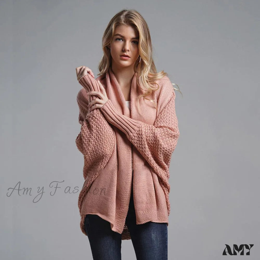 Amy Fashion - Oversized Sweater Knitted Patchwork Batwing Sleeves Cardigan Pink / One Size