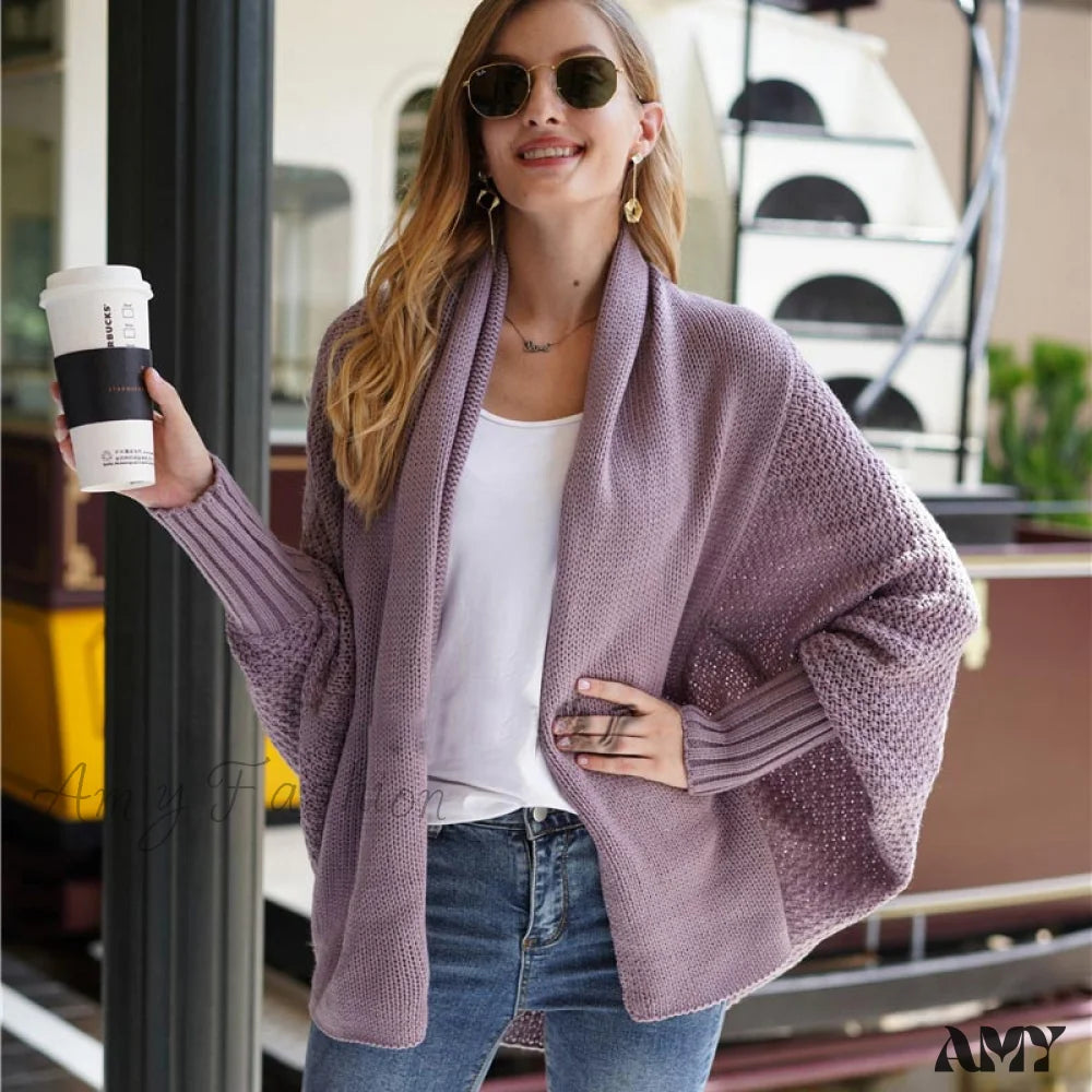 Amy Fashion - Oversized Sweater Knitted Patchwork Batwing Sleeves Cardigan Purple / One Size