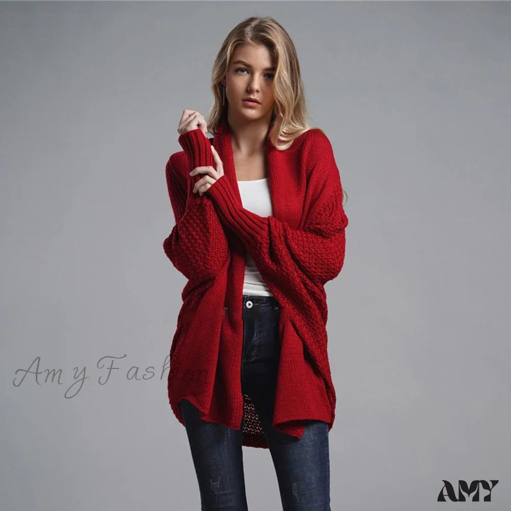 Amy Fashion - Oversized Sweater Knitted Patchwork Batwing Sleeves Cardigan Red / One Size