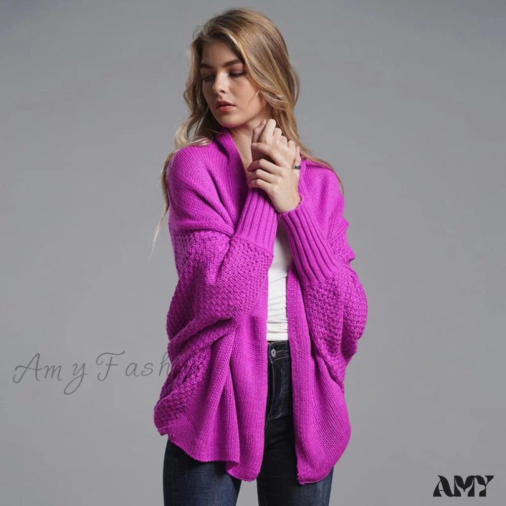 Amy Fashion - Oversized Sweater Knitted Patchwork Batwing Sleeves Cardigan Rose Red / One Size