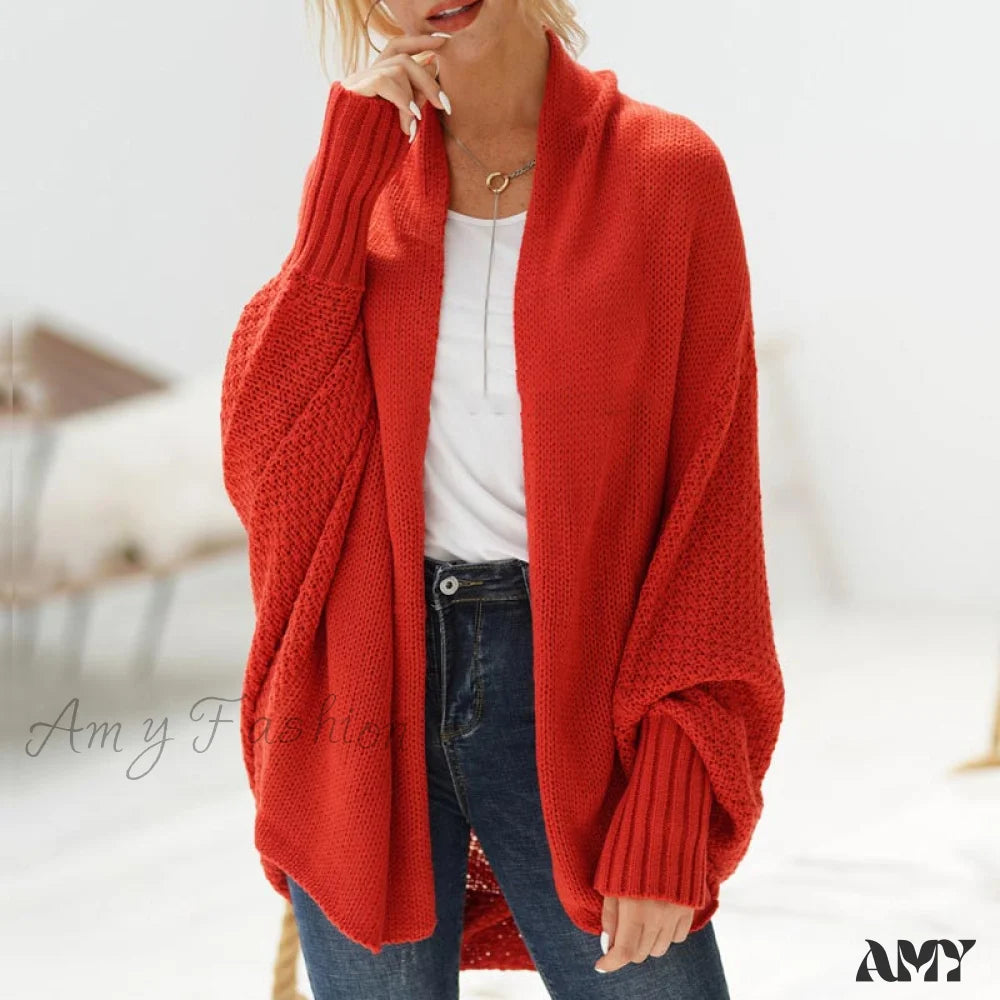 Amy Fashion - Oversized Sweater Knitted Patchwork Batwing Sleeves Cardigan Rust Red / One Size