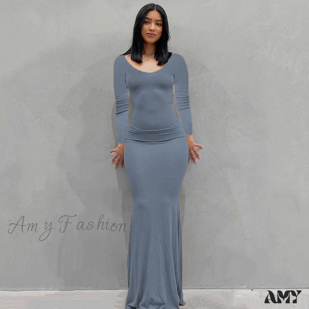 Amy Fashion - Party Club Ladies Bodycon Peach Hip Elegant Long Dresses Grey Blue 2 / Xs