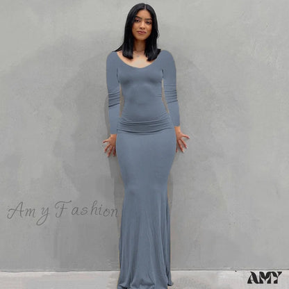 Amy Fashion - Party Club Ladies Bodycon Peach Hip Elegant Long Dresses Grey Blue 2 / Xs