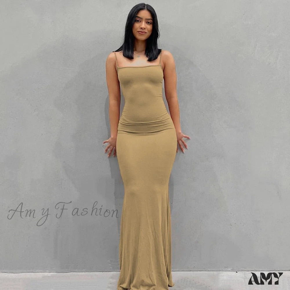 Amy Fashion - Party Club Ladies Bodycon Peach Hip Elegant Long Dresses Khaki / Xs