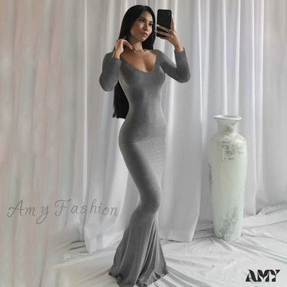 Amy Fashion - Party Club Ladies Bodycon Peach Hip Elegant Long Dresses Sleeve Gray / Xs