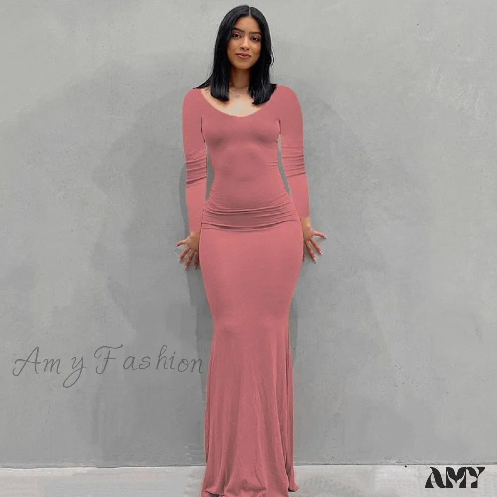 Amy Fashion - Party Club Ladies Bodycon Peach Hip Elegant Long Dresses Sleeve Pink / Xs