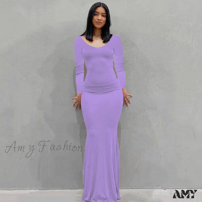 Amy Fashion - Party Club Ladies Bodycon Peach Hip Elegant Long Dresses Sleeve Purple / Xs