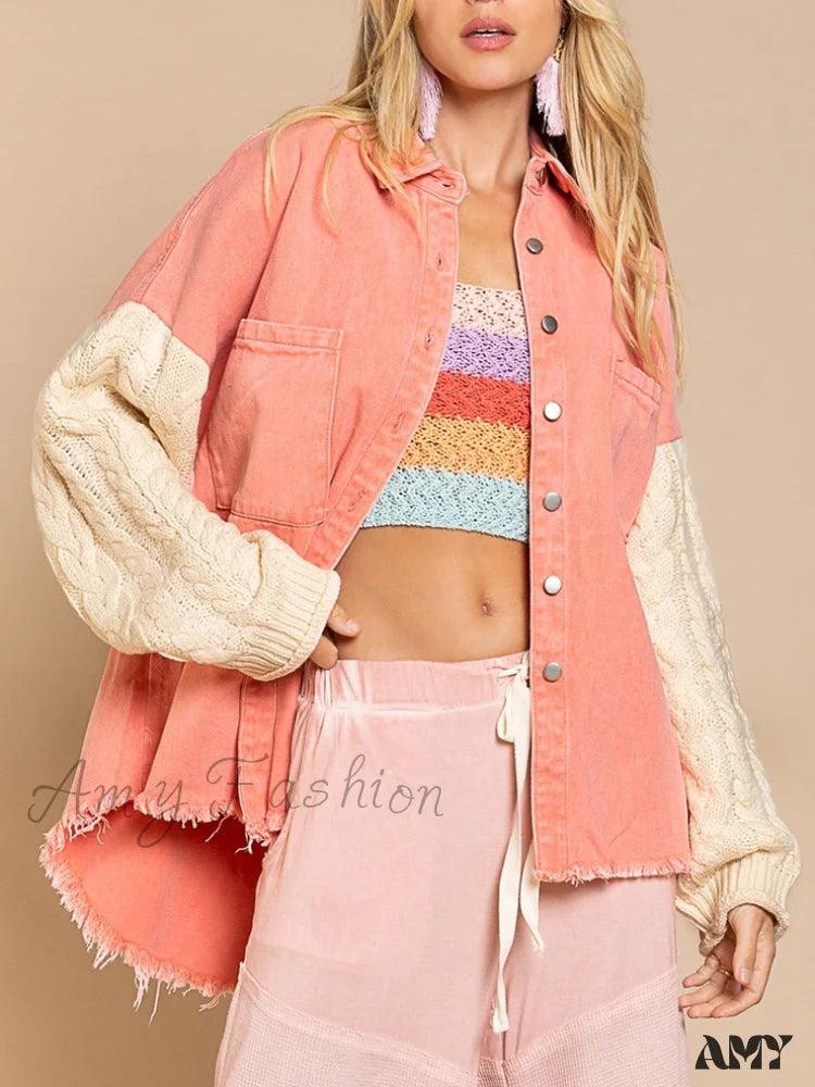 Amy Fashion - Patchwork Denim Jacket Fluorescent Orange / S