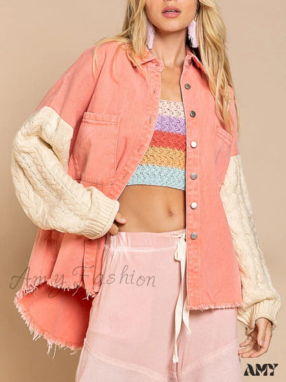 Amy Fashion - Patchwork Denim Jacket Fluorescent Orange / S