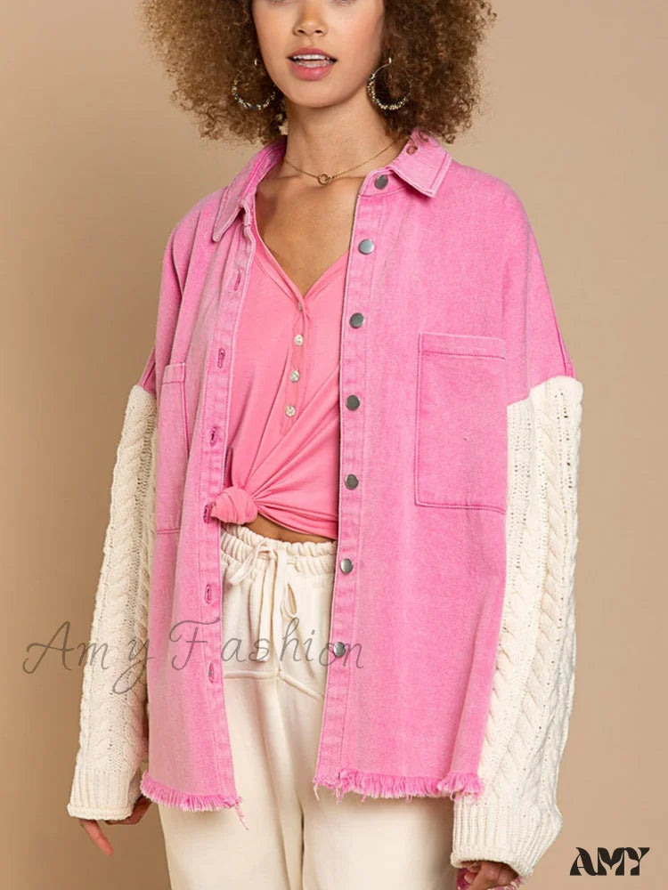 Amy Fashion - Patchwork Denim Jacket Fluorescent Pink / S