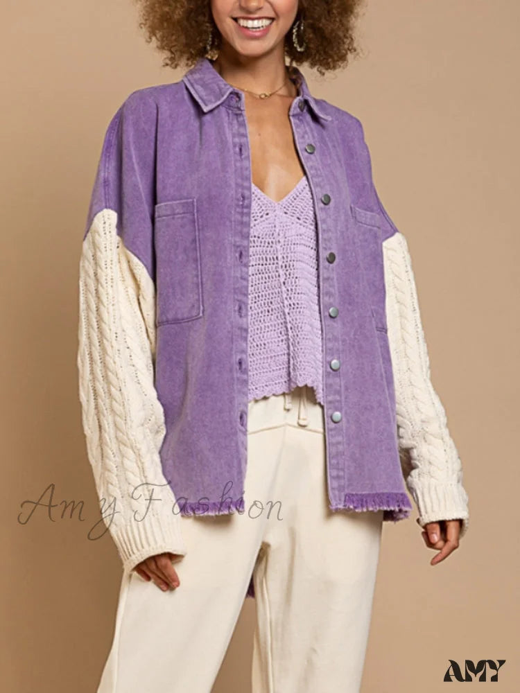 Amy Fashion - Patchwork Denim Jacket Light Purple / S