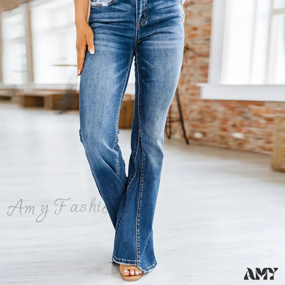 Amy Fashion - Patchwork Flared Vintage High Stretch Casual Denim Jean