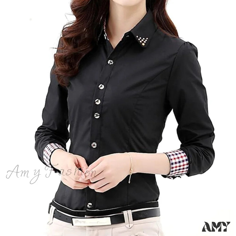 Amy Fashion - Patchwork Plaid Ladies Office Blouse