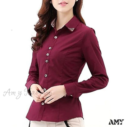 Amy Fashion - Patchwork Plaid Ladies Office Blouse Red / S