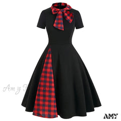 Amy Fashion - Patchwork Plaid Print Bow Collar Vintage Casual Vestidos Black / S