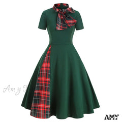 Amy Fashion - Patchwork Plaid Print Bow Collar Vintage Casual Vestidos Green / S