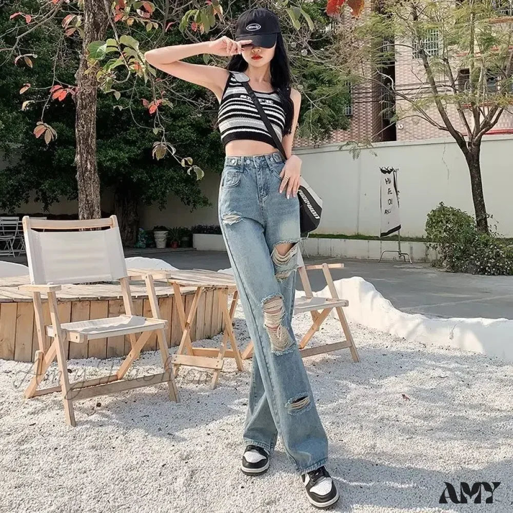 Amy Fashion - Perforated Jean Pear-Shaped Figure High Waist Straight Tube Loose Fitting Wide Leg