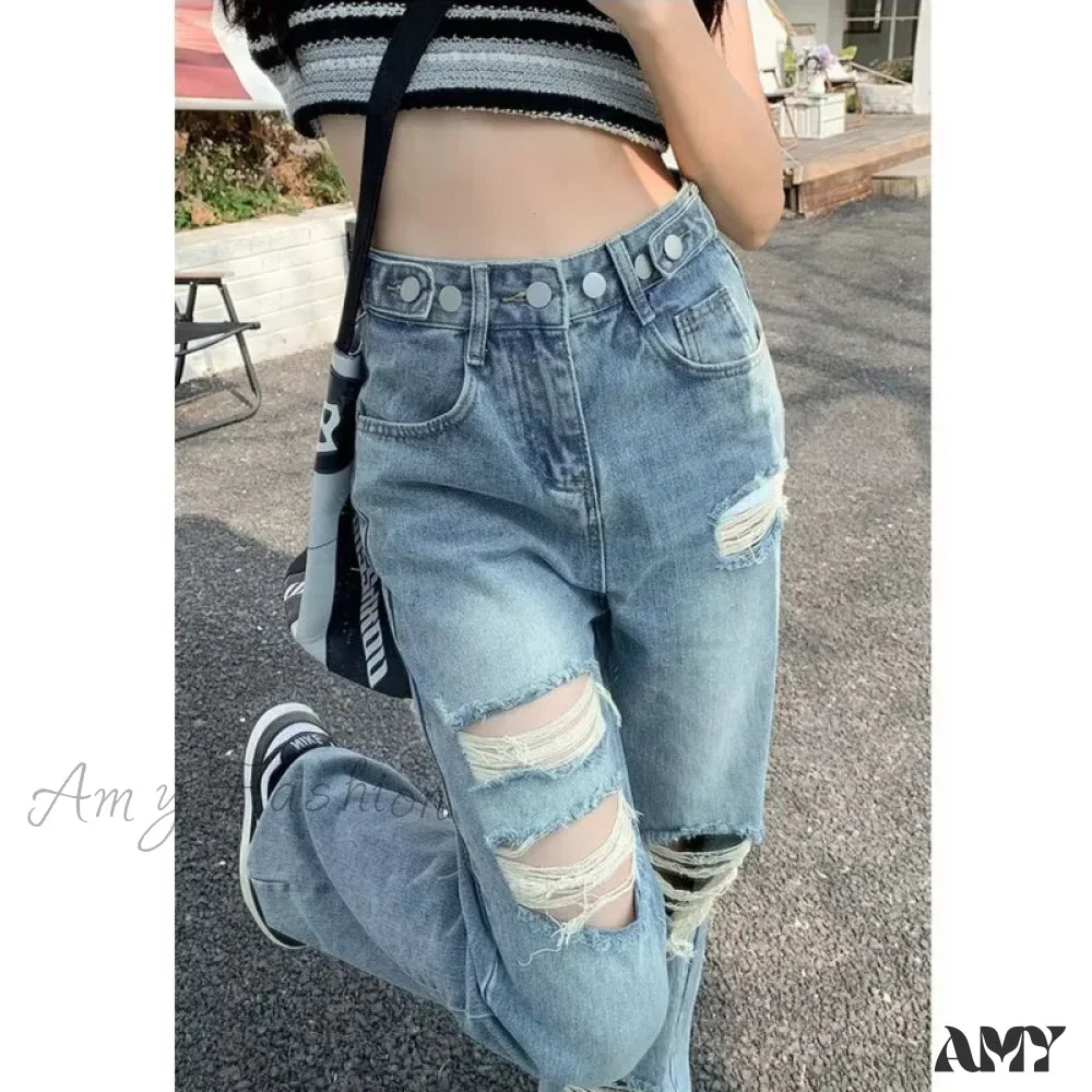 Amy Fashion - Perforated Jean Pear-Shaped Figure High Waist Straight Tube Loose Fitting Wide Leg