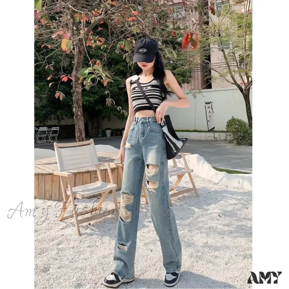 Amy Fashion - Perforated Jean Pear-Shaped Figure High Waist Straight Tube Loose Fitting Wide Leg