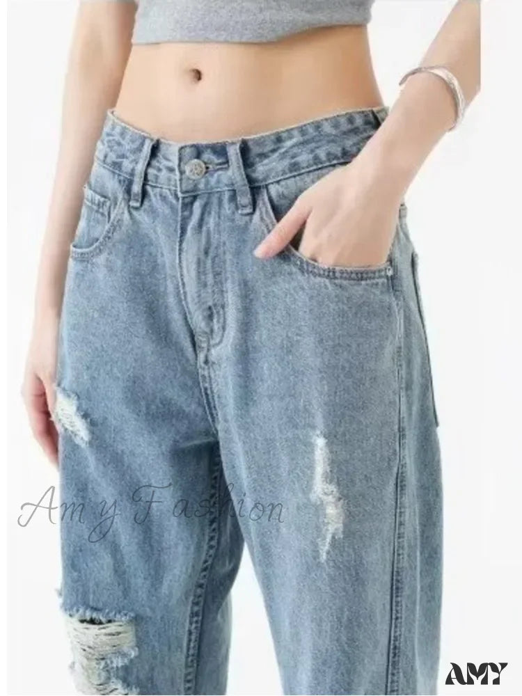 Amy Fashion - Perforated Jean Summer Thin High Street Trendy Brand Handsome And Loose Fitting