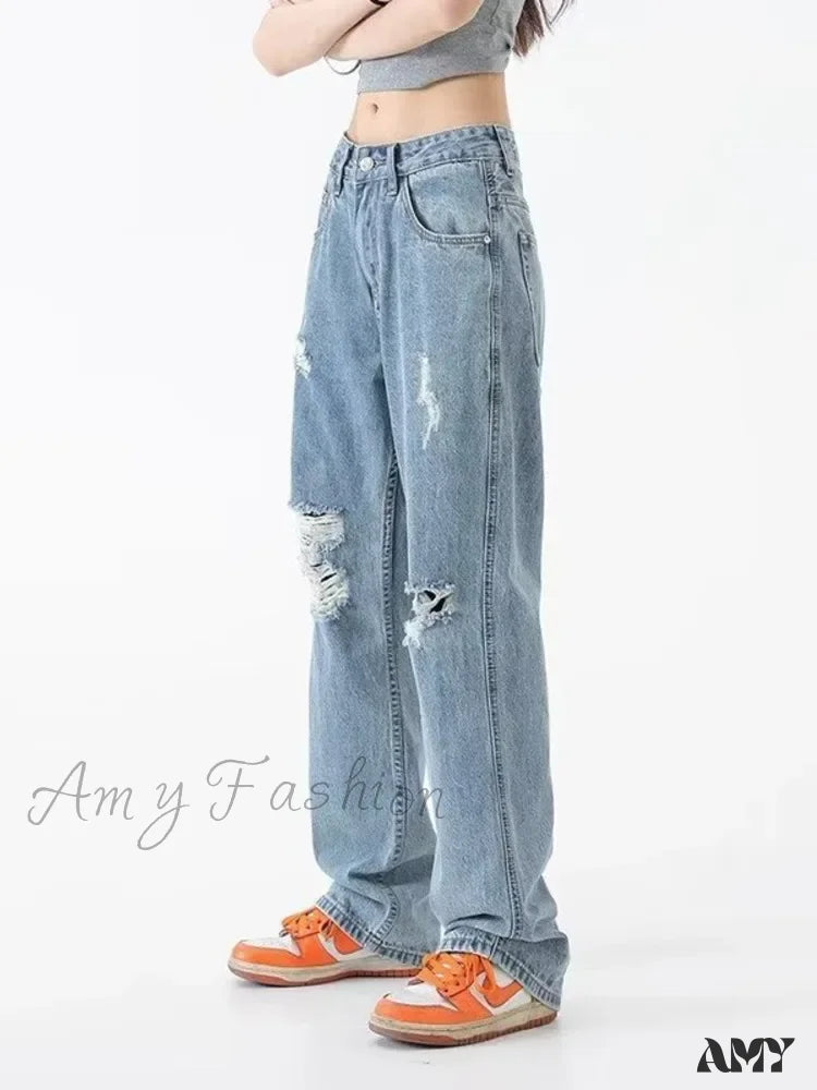 Amy Fashion - Perforated Jean Summer Thin High Street Trendy Brand Handsome And Loose Fitting