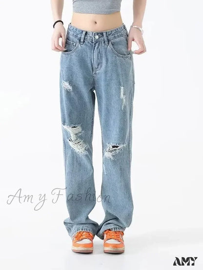 Amy Fashion - Perforated Jean Summer Thin High Street Trendy Brand Handsome And Loose Fitting