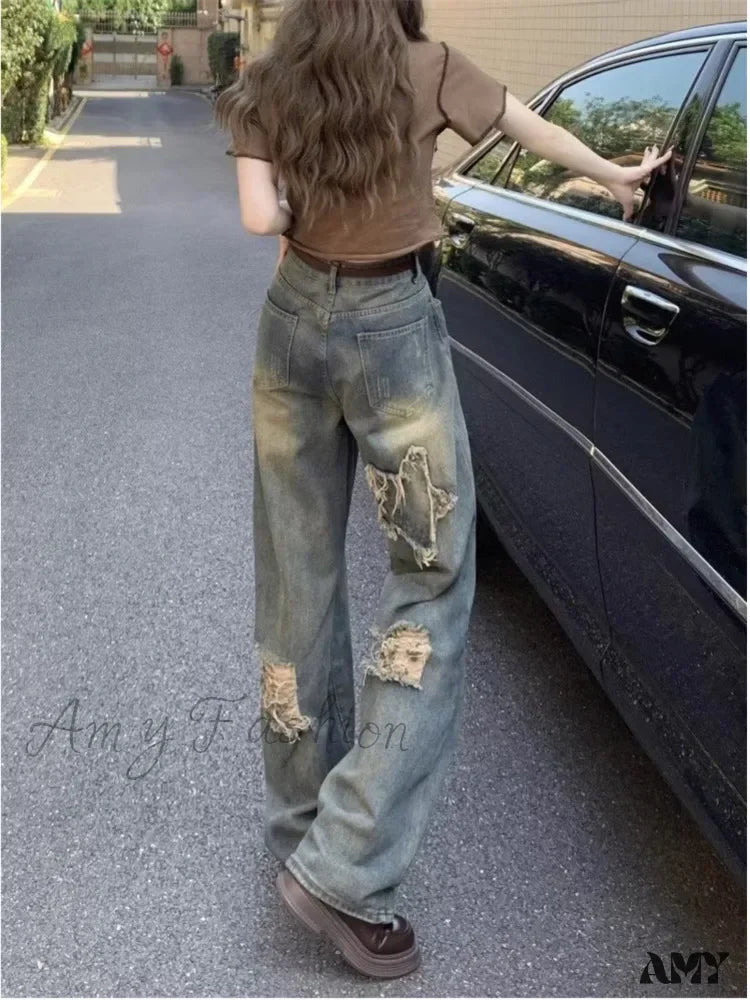 Amy Fashion - Perforated Summer Loose Straight Leg Niche Stitching Old Beggar Jean Blue / S