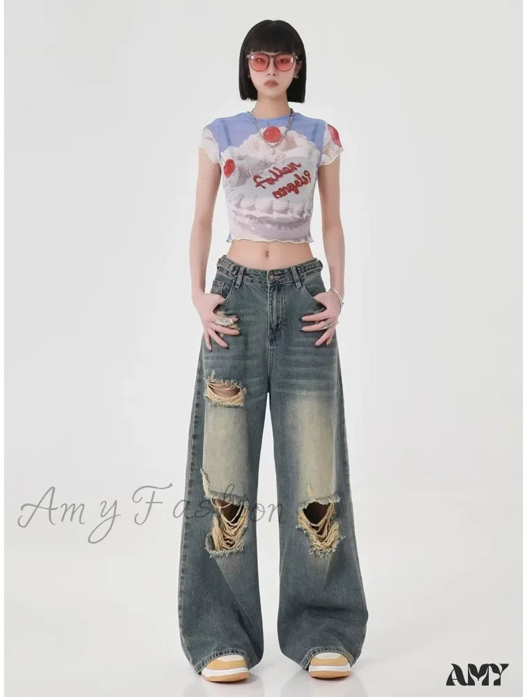 Amy Fashion - Perforated Women’s Summer New Ins Brand Straight Tube Loose Sweeping High Street Jean