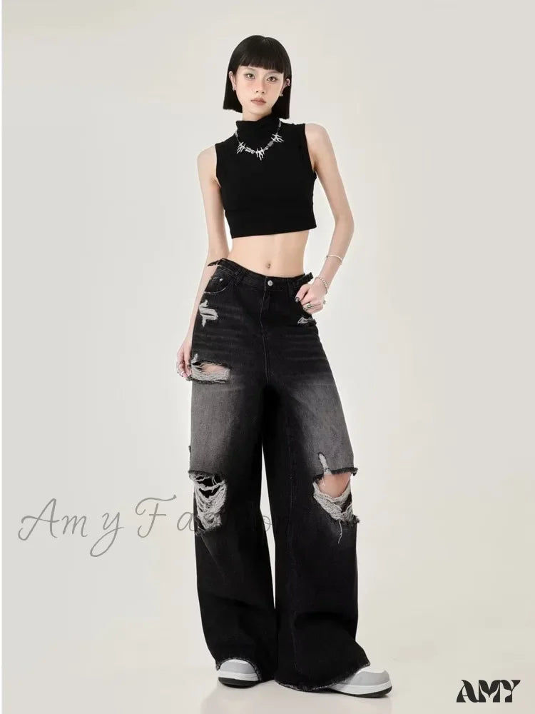 Amy Fashion - Perforated Women’s Summer New Ins Brand Straight Tube Loose Sweeping High Street Jean