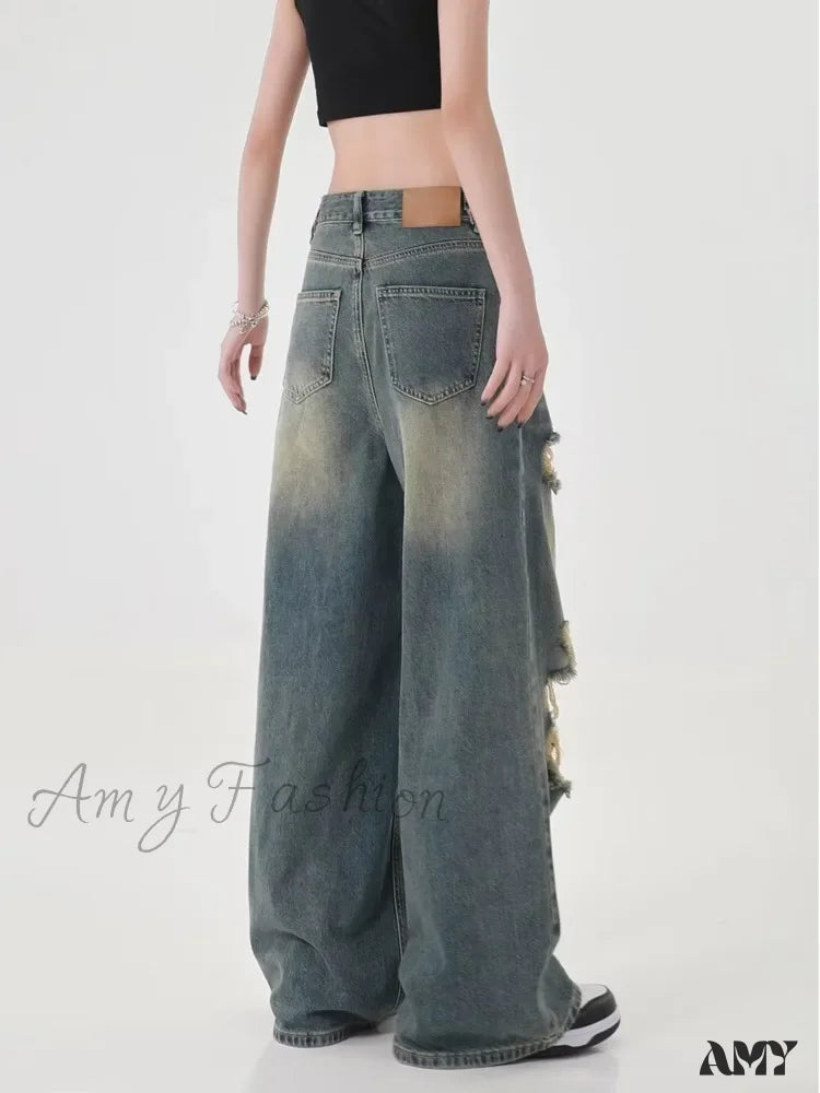 Amy Fashion - Perforated Women’s Summer New Ins Brand Straight Tube Loose Sweeping High Street Jean