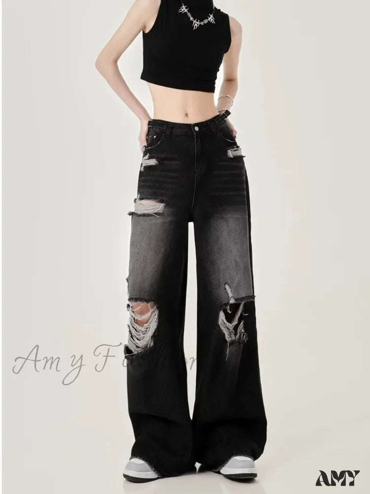 Amy Fashion - Perforated Women’s Summer New Ins Brand Straight Tube Loose Sweeping High Street