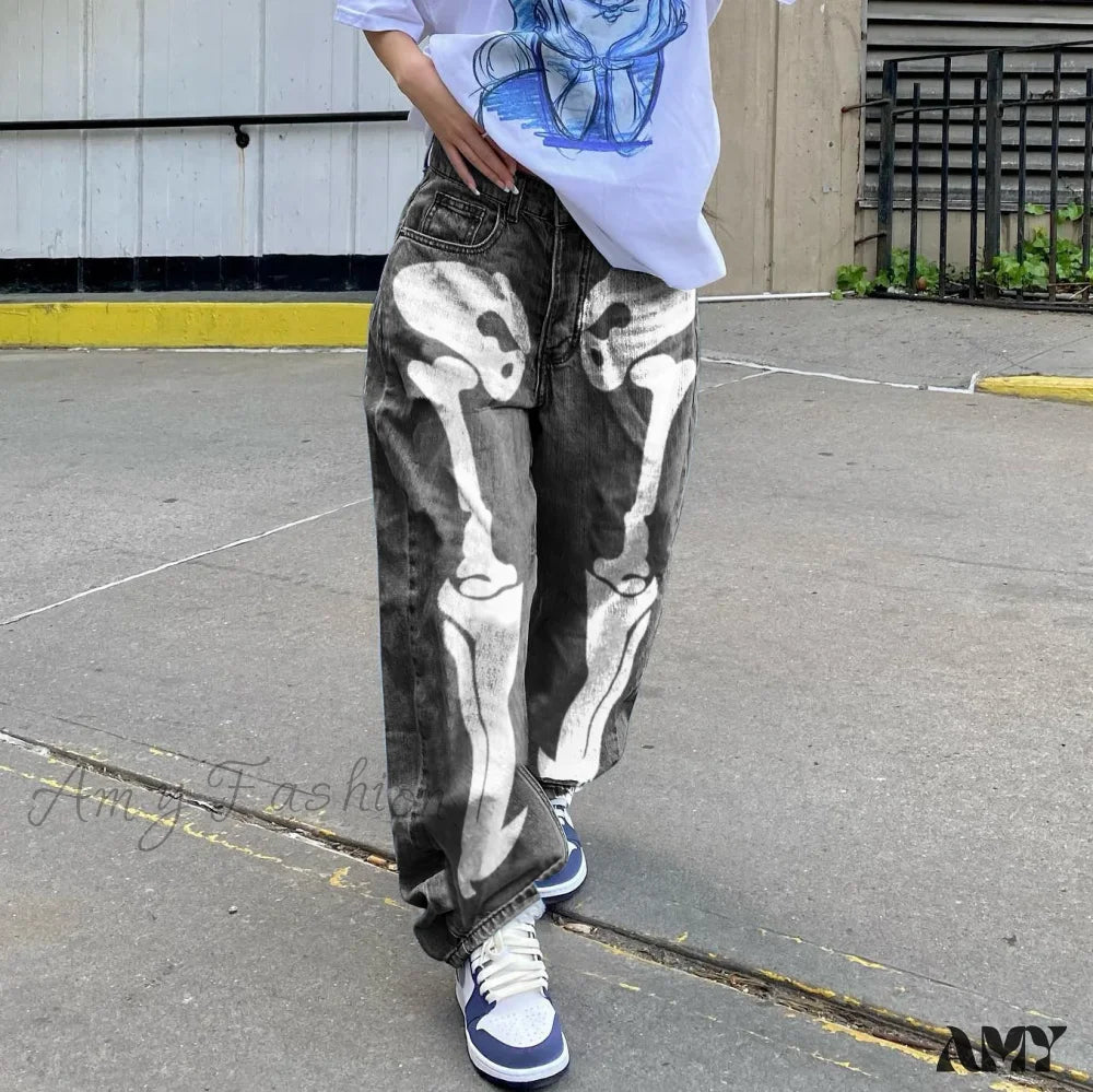 Amy Fashion - Personality Skull Print High Waist Straight Leg Slouchy American Street Y2K Jean