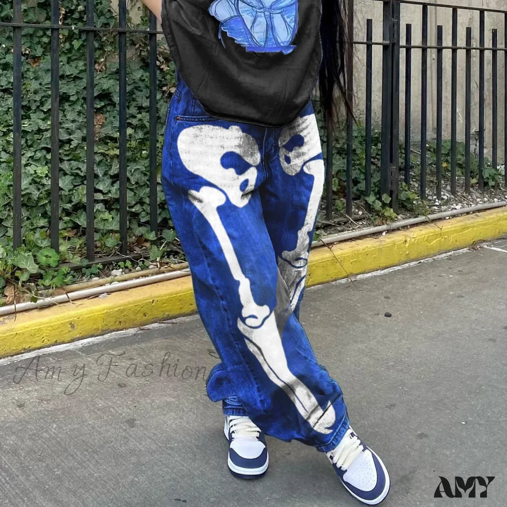 Amy Fashion - Personality Skull Print High Waist Straight Leg Slouchy American Street Y2K Jean Dark