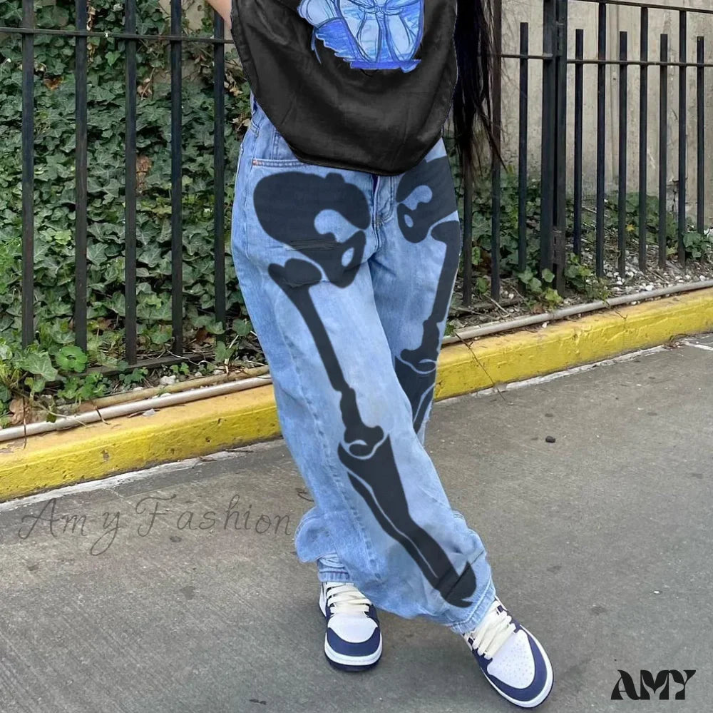 Amy Fashion - Personality Skull Print High Waist Straight Leg Slouchy American Street Y2K Jean